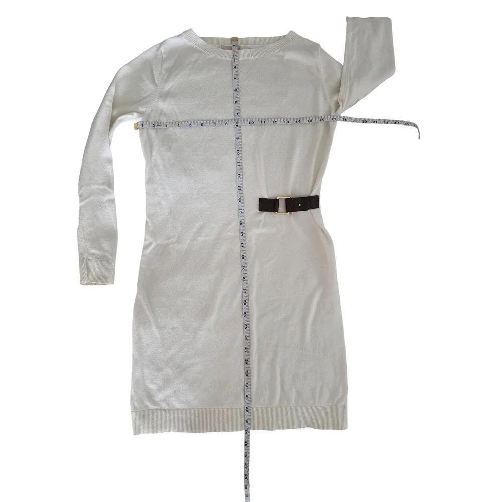 Michael Kors Womens White Long Sleeve Belted Knit Sweater Dress Small